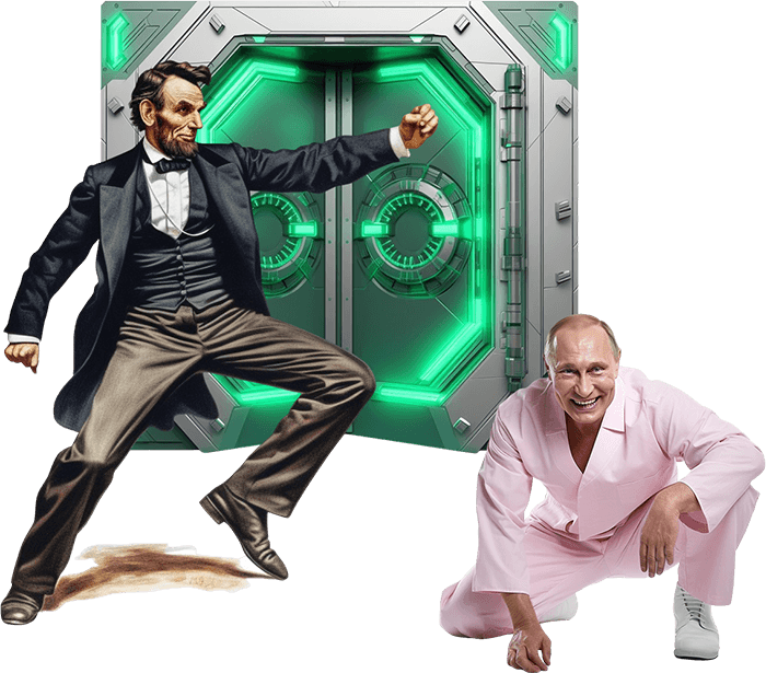 Abraham Lincoln as a doctor with Vladimir Putin as a nurse standing in front of a time portal.