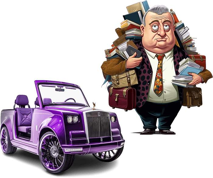 Rodney Dangerfield from Back to School holding lots of books with a Rolls Royce golf cart.